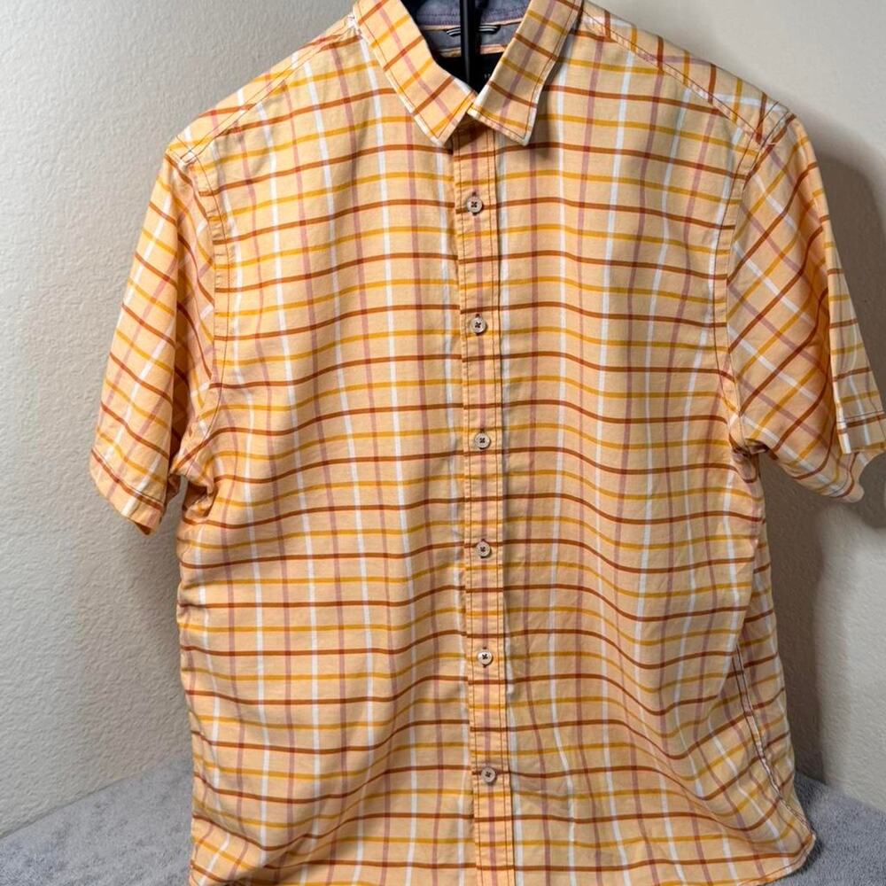 Geoffrey Beene Mens Large Orange Plaid Short Sleeve Button Down Shirt Casual